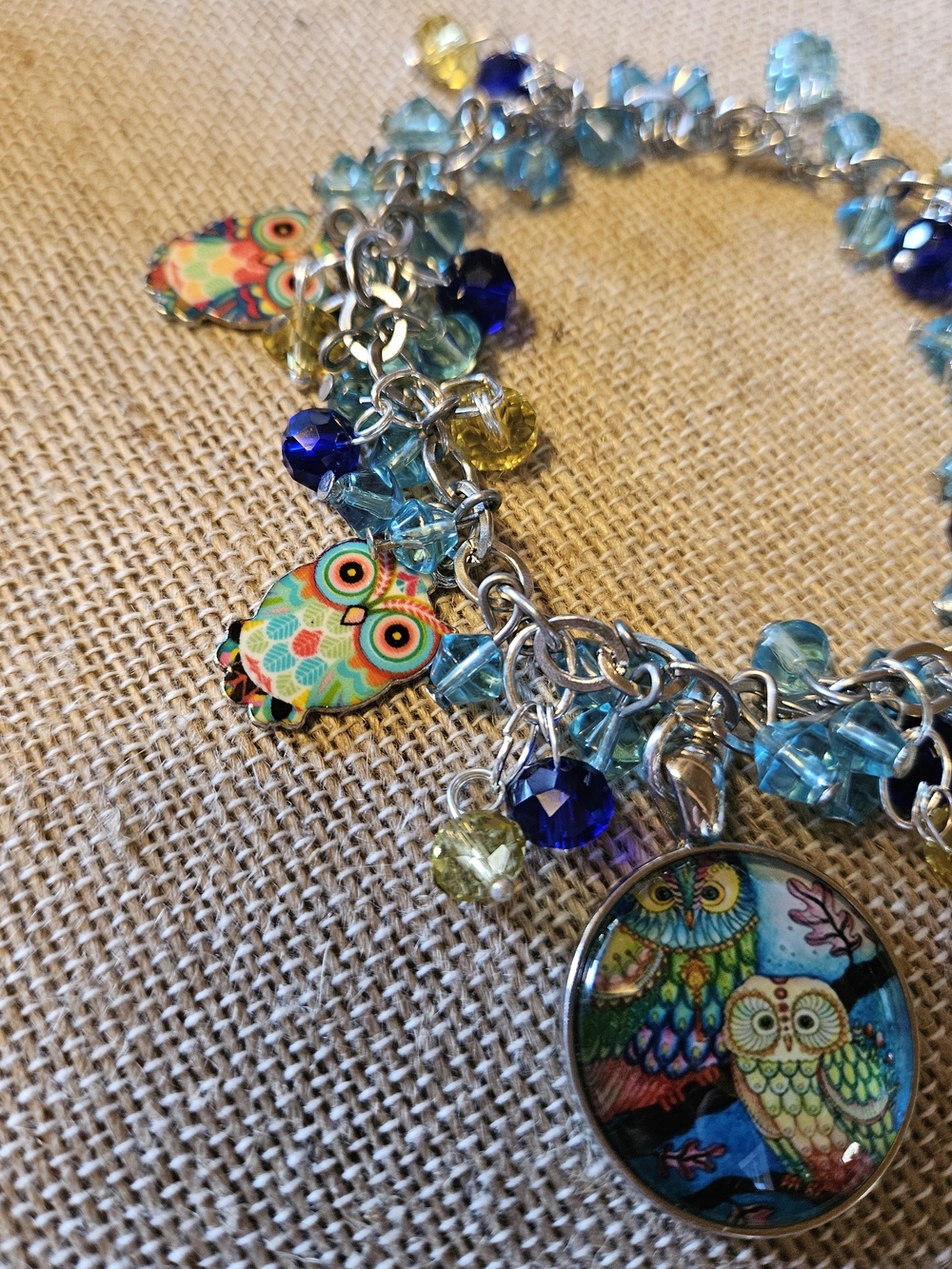 Owl Cha Cha Charm Bracelet - Blue & Yellow Beaded Women's Bracelet - Picture 3 of 5